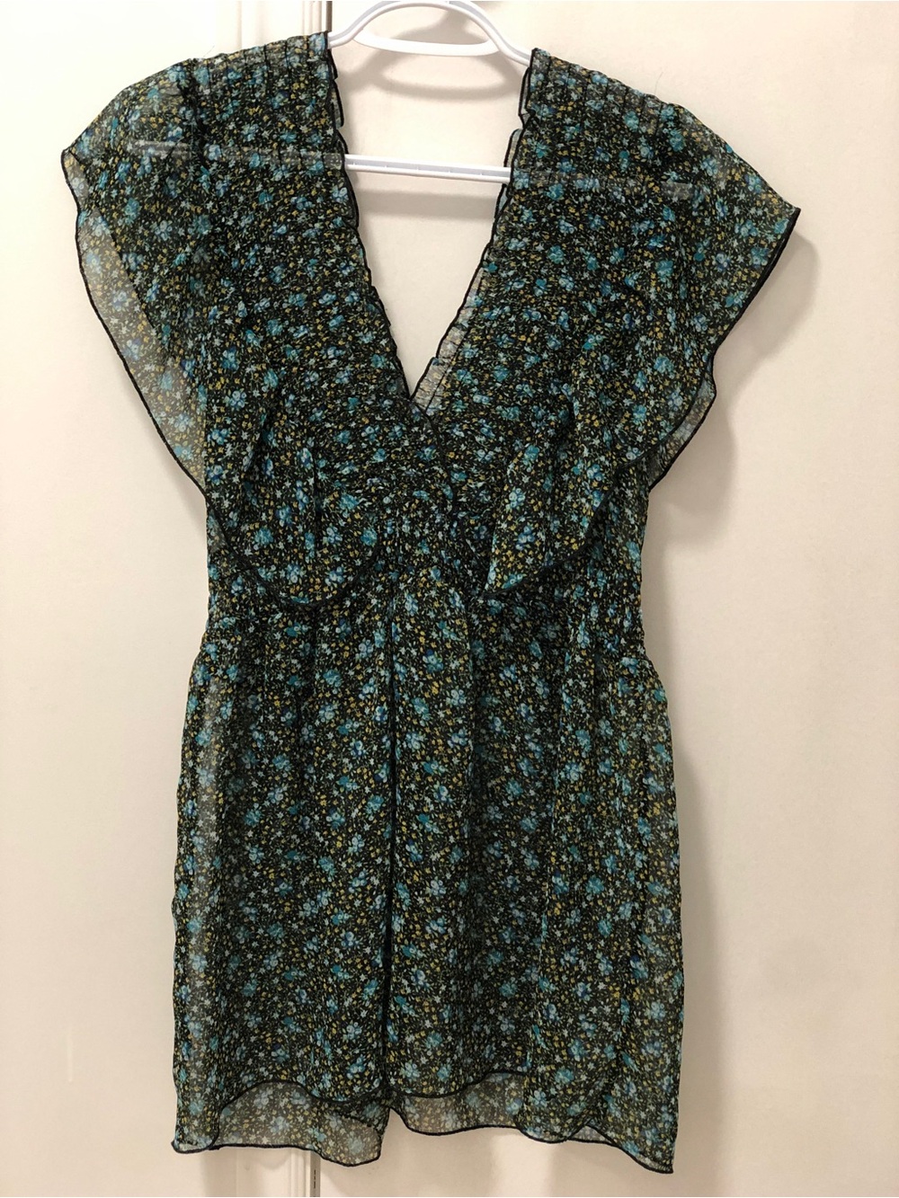 Floral Ruffle Flowy Dress in Teal & Yellow Pattern Women’s Preowned Size Small